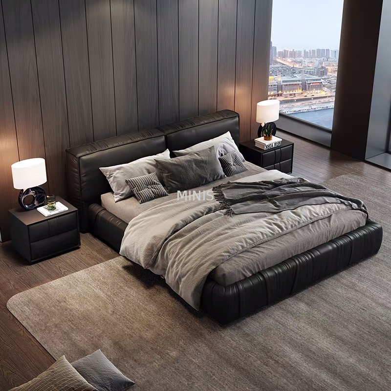 Muebles de dormitorio para adultos, cómoda y moderna cama de cuero negro