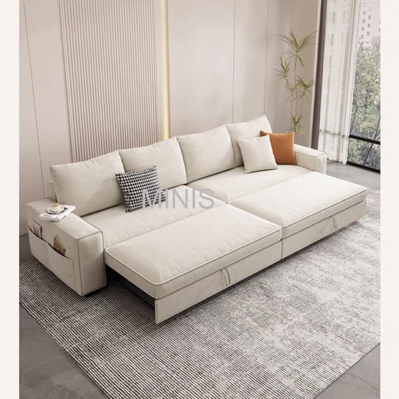 Sofás cama plegables en forma de L de tela beige con almacenamiento