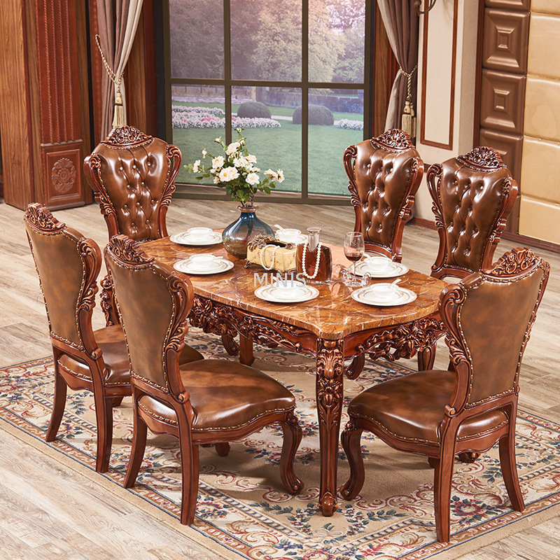 Muebles de comedor Mesa de comedor de mármol y madera marrón con sillas