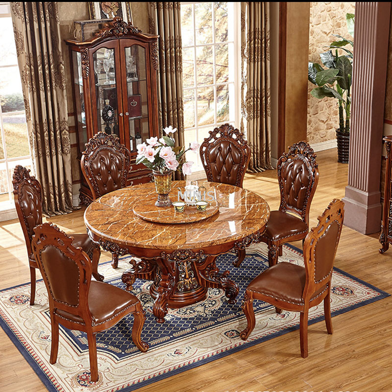 Muebles de comedor Mesa de comedor de mármol y madera marrón con sillas
