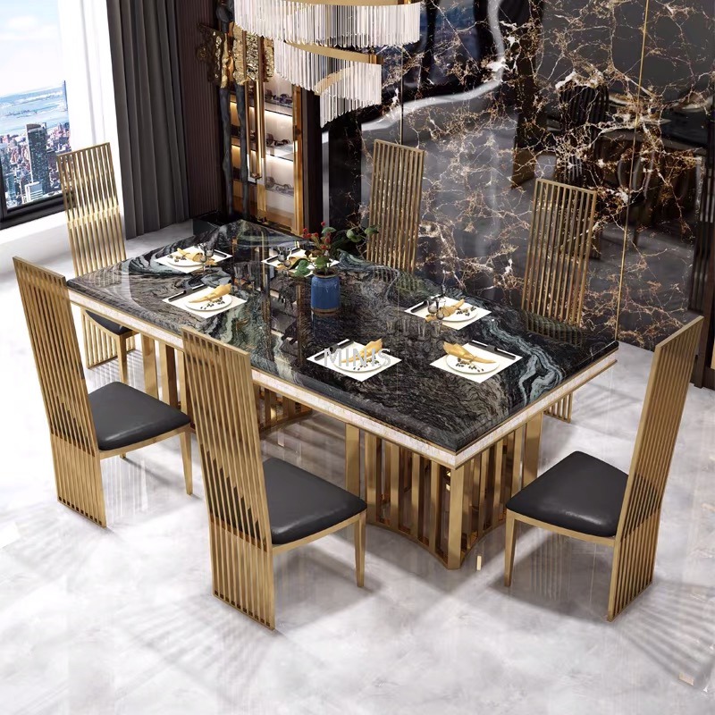 Mesa de comedor rectangular moderna de mármol dorado con sillas