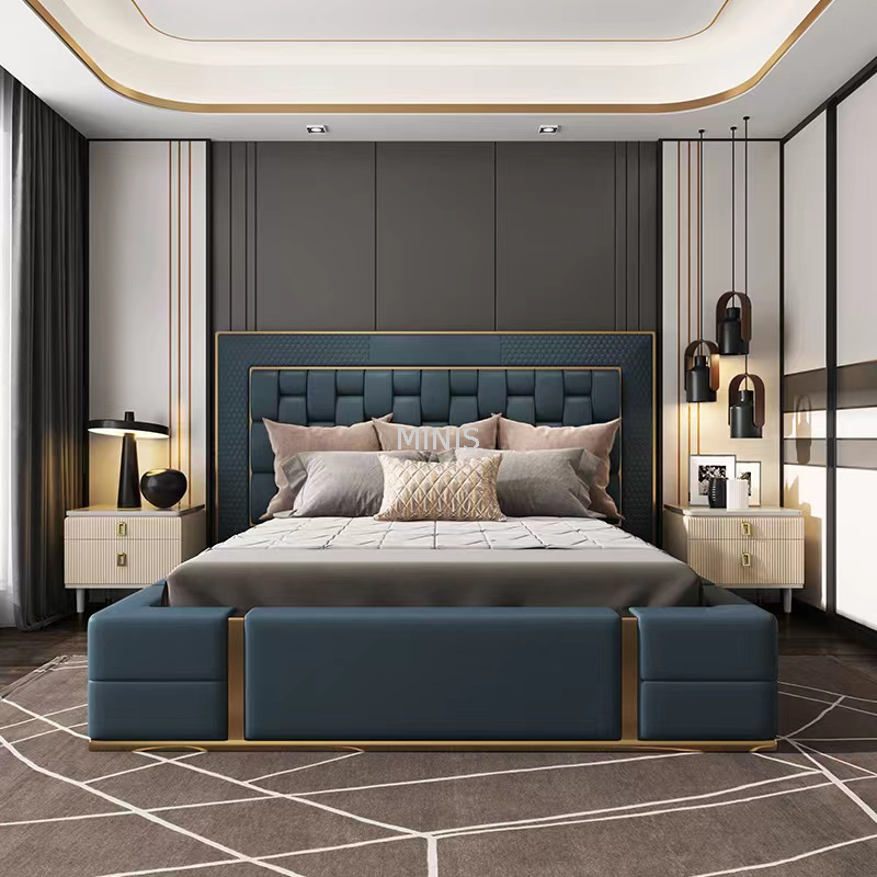 Muebles de dormitorio modernos con respaldo alto, cama para adultos de cuero beige