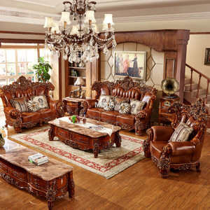 Sofás de salón de cuero auténtico con estilo de madera marrón antigua