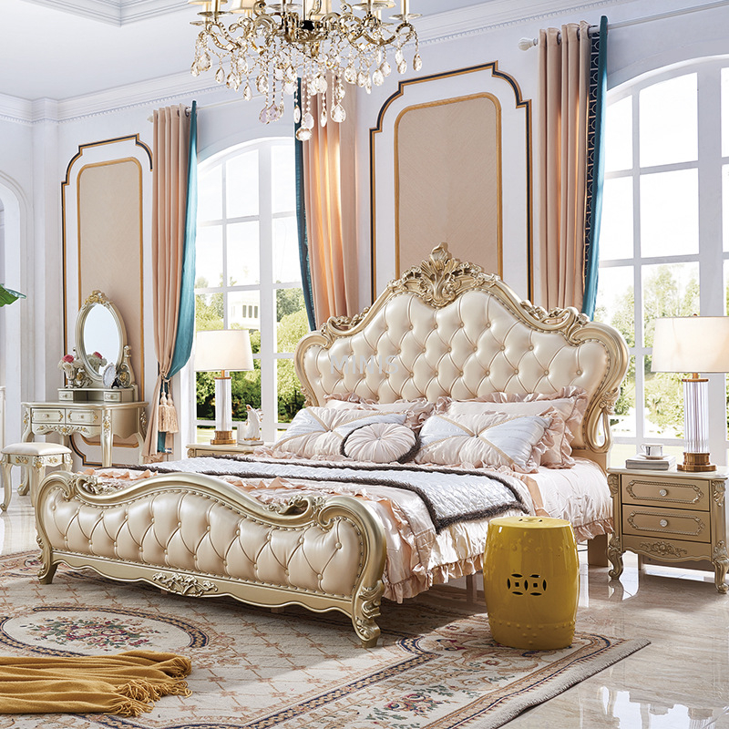 Muebles de dormitorio Cama de cuero genuino de madera dorada clásica