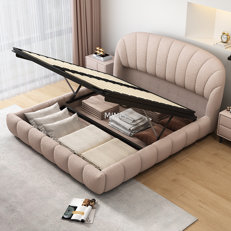 Cama de tela beige moderna de fábrica china con gabinete de almacenamiento