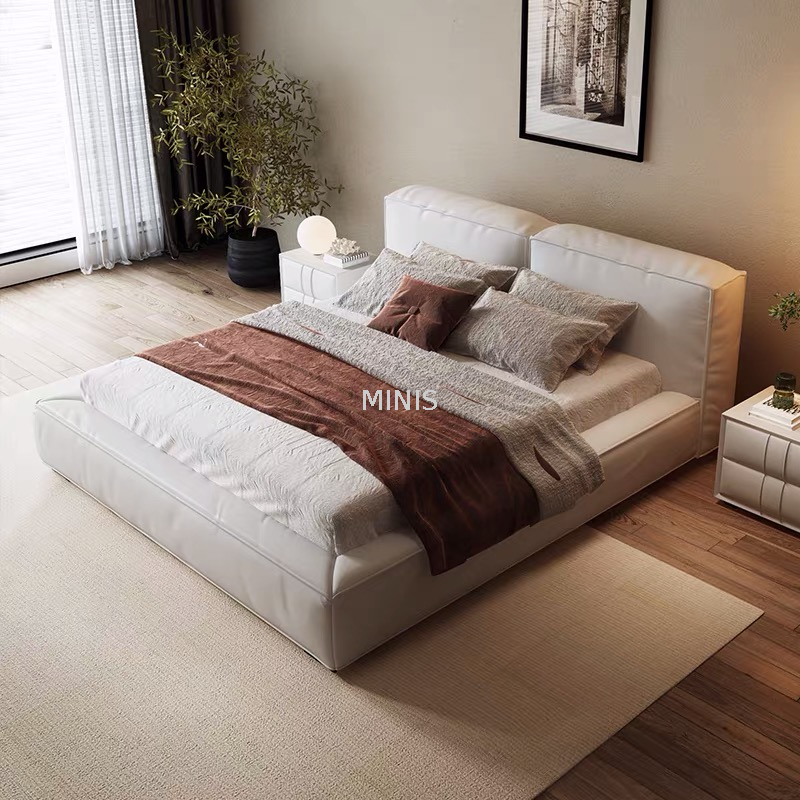 Muebles de dormitorio para adultos, cómoda y moderna cama de cuero negro