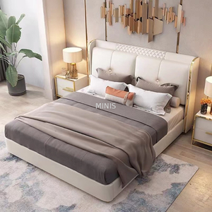 Muebles cómodos para dormitorio, cama doble de cuero blanco para adultos
