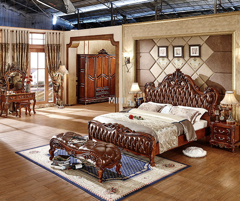 Muebles de dormitorio Cama tamaño king de cuero genuino y madera vintage