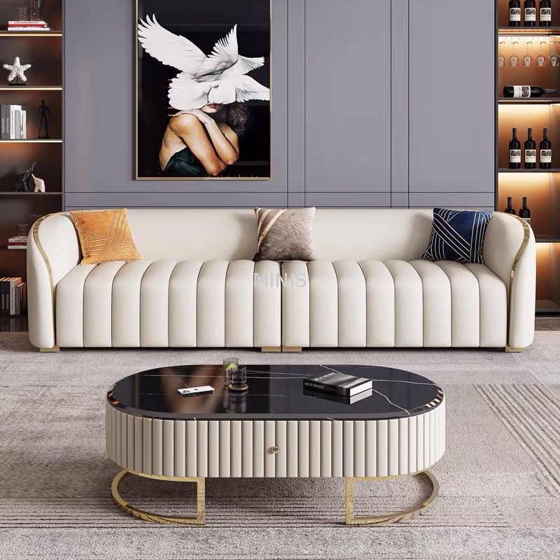 Sala de estar moderna de cuero blanco con elegantes sofás de 1+2+3 plazas