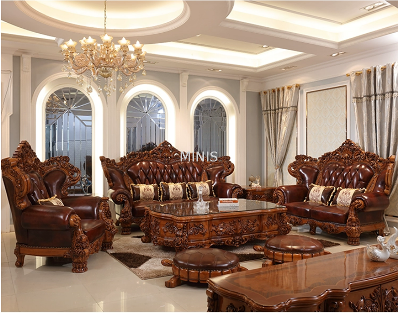 Muebles de salón clásicos Sofás de cuero marrón de madera