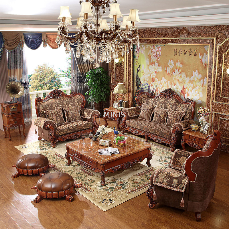 Sofás de salón de cuero auténtico con estilo de madera marrón antigua