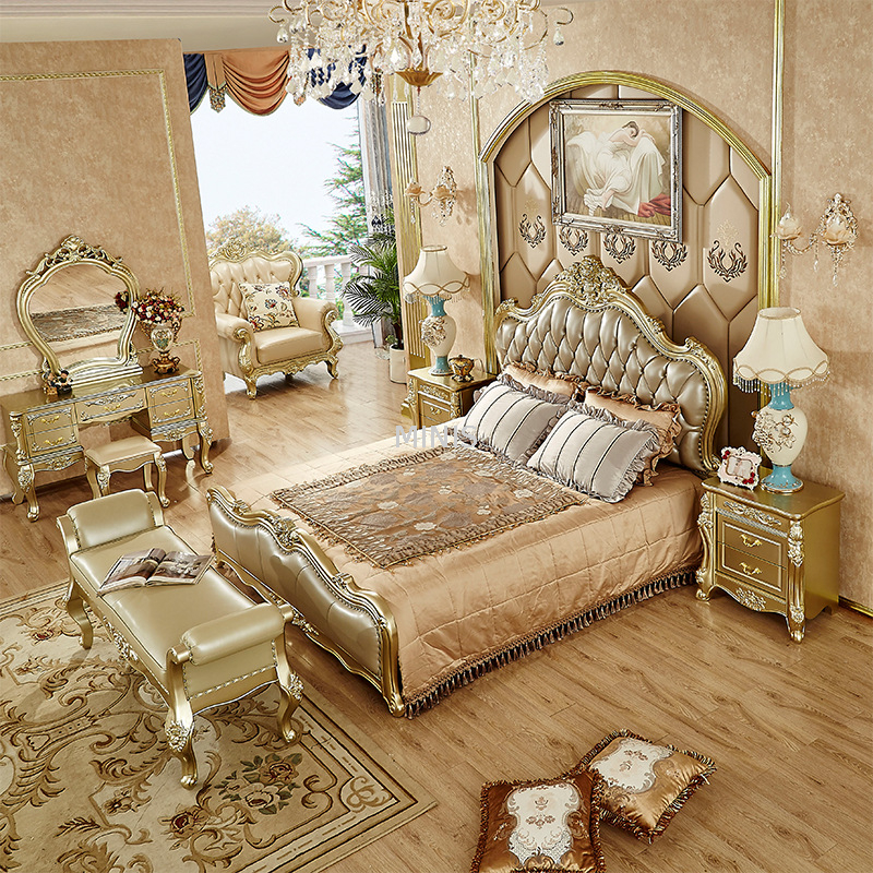 Muebles de estilo europeo cama tamaño king para adultos de cuero genuino
