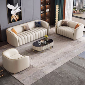 Sala de estar moderna de cuero blanco con elegantes sofás de 1+2+3 plazas