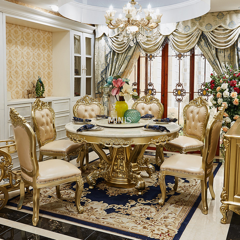 Muebles de comedor Mesa de comedor con tapa de mármol de madera dorada