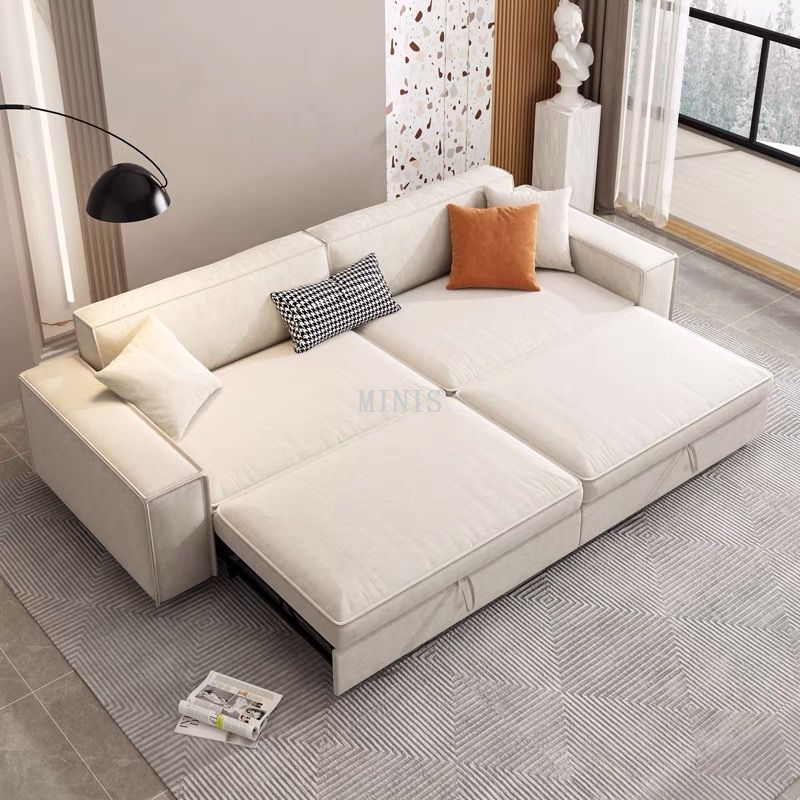 Sofás cama plegables en forma de L de tela beige con almacenamiento