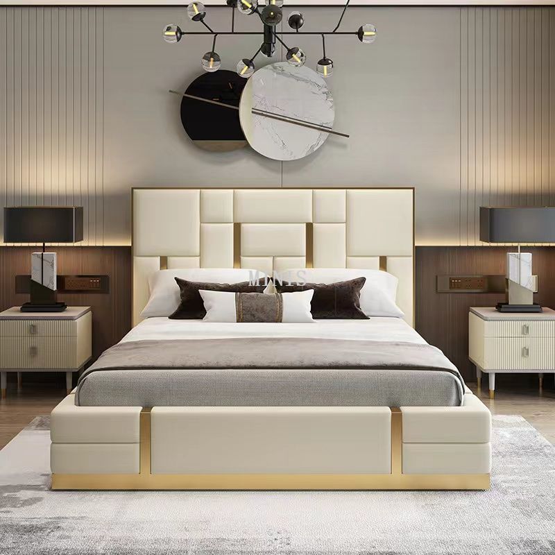 Muebles de dormitorio modernos con respaldo alto, cama para adultos de cuero beige