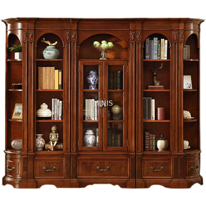 Estantería de madera alta estilo americano con archivador de vidrio