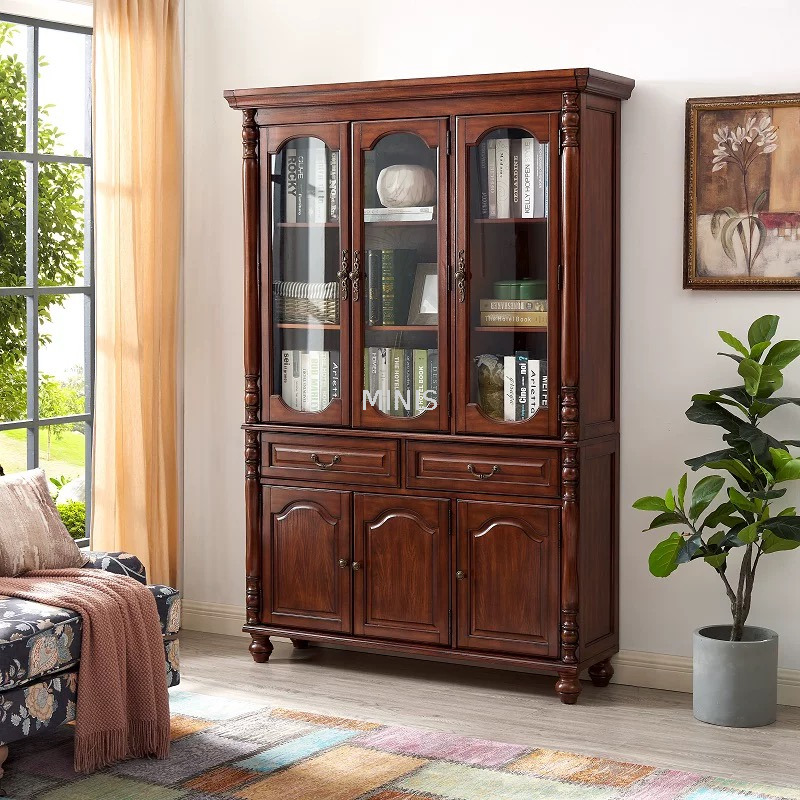 Estantería de madera alta estilo americano con archivador de vidrio