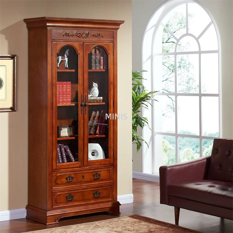 Estantería de madera alta estilo americano con archivador de vidrio