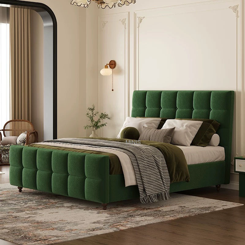 Dormitorio muebles vintage marco de madera buena cama de terciopelo verde
