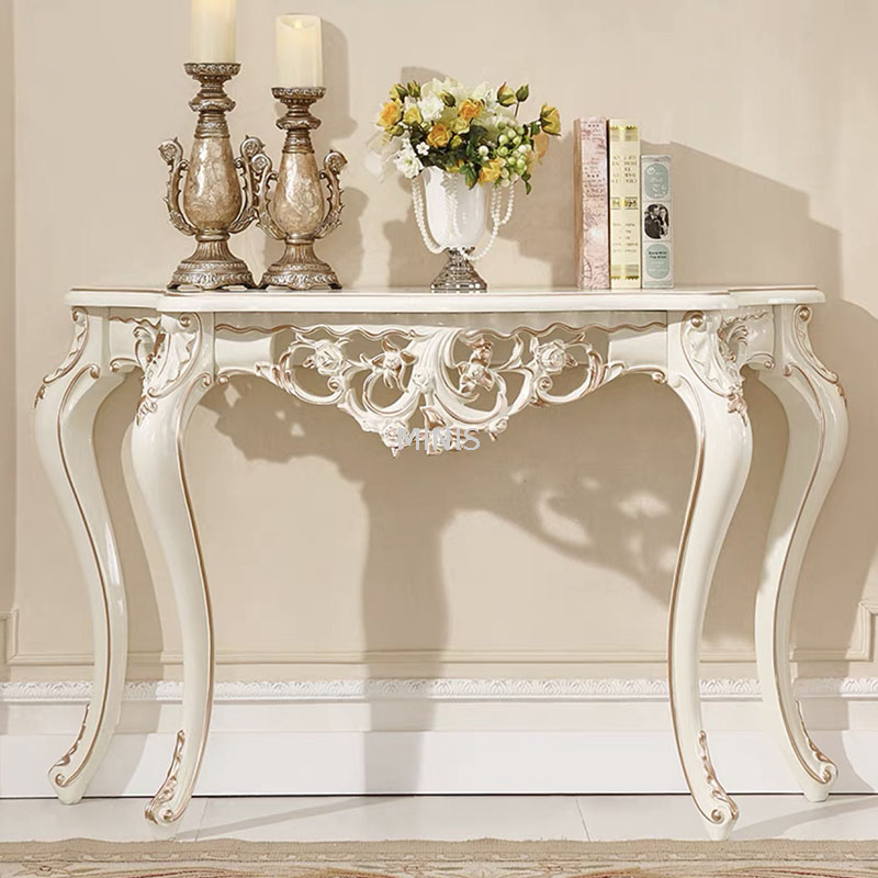 Mesa consola de decoración de madera de oro blanco de pasillo francés