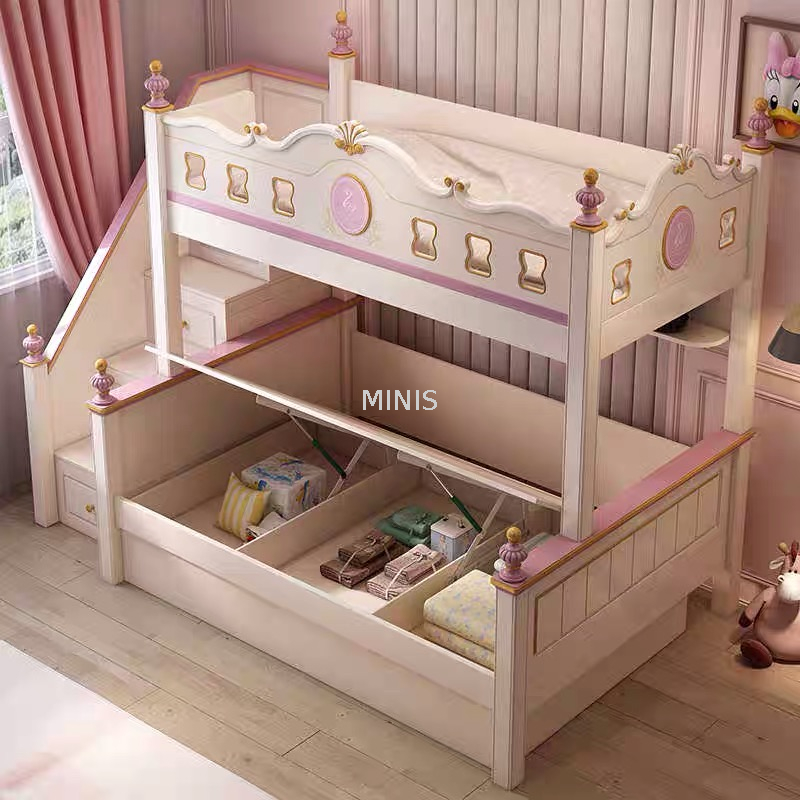 Litera para niños de madera resistente rosa para dormitorio de niña con cajones