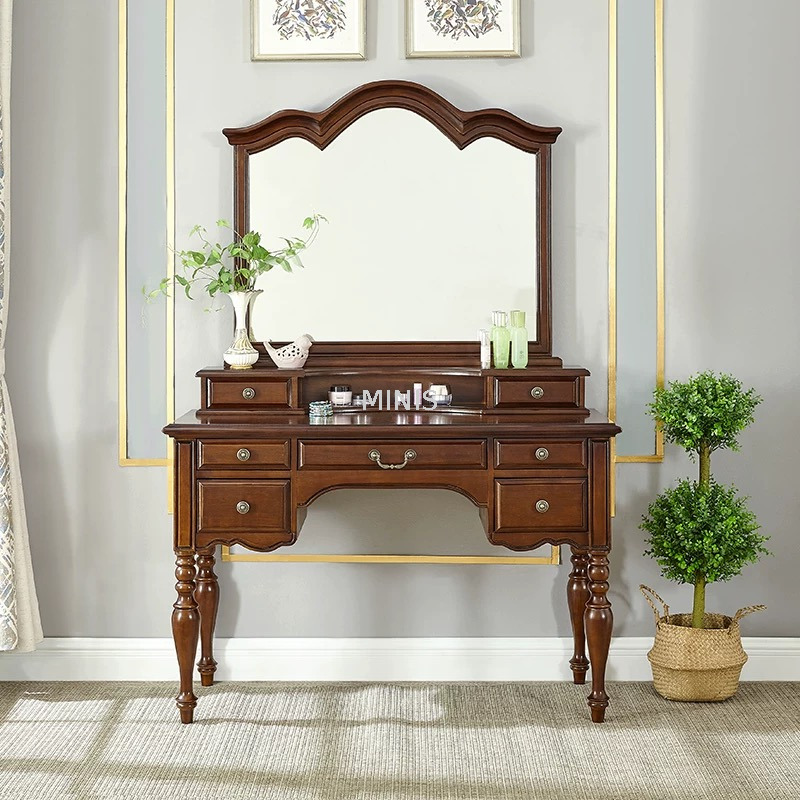 Dormitorio tocador de madera marrón vintage con espejo