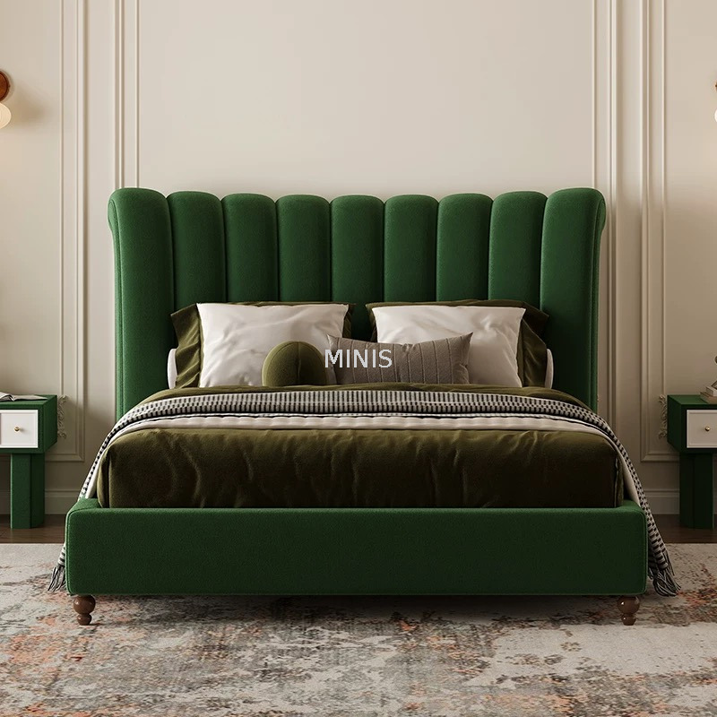 Dormitorio muebles vintage marco de madera buena cama de terciopelo verde